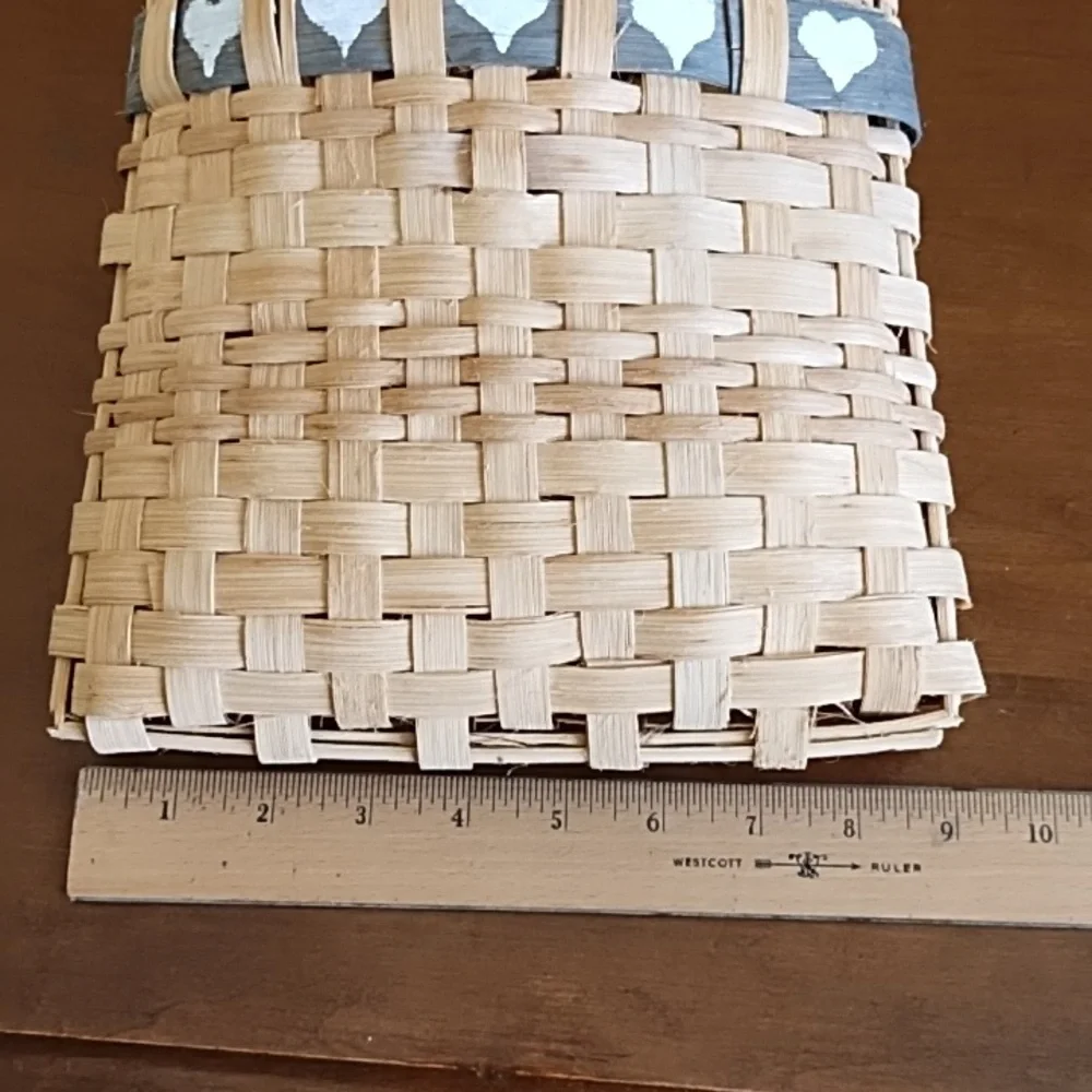 Vintage Handcrafted Woven Splint Wall Pocket Basket With Blue Heart Cutout Band